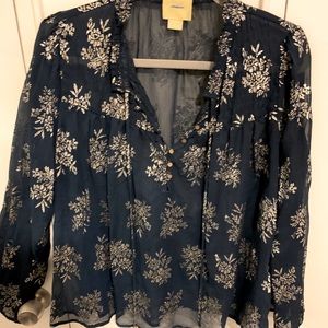 Navy Blue/ Gold Sheer Floral Top